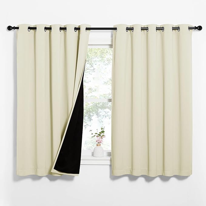NICETOWN Living Room Completely Shaded Draperies, Privacy Protection & Noise Reducing Ring Top Drapes, Black Lined Insulated Window Treatment Curtain Panels (Beige, 2 Pieces, W62 x L63)