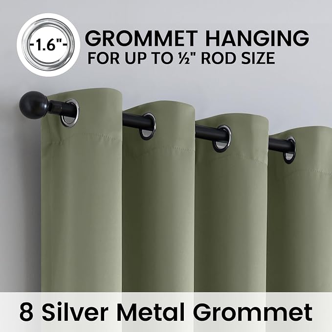 SimpleHome 100% Blackout Curtains for Bedroom,Thermal Insulated Light Sage Grommet Window Drapes Room Darkening Curtains for Living Room with Black Back,52 x 72 Inch,2 Panels