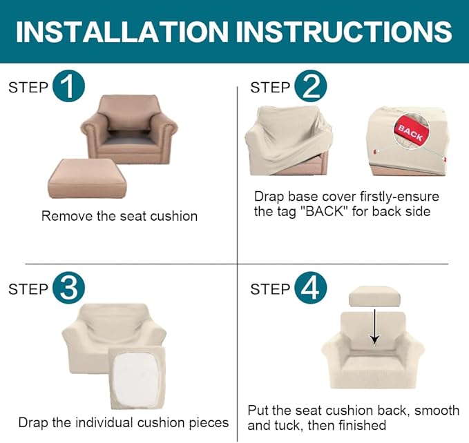 Turquoize 2 Piece Chair Covers for Living Room Armchair Couch Cover with Individual Cushion Covers Furniture Cover for Chairs (Chair,BiscottiBeige)