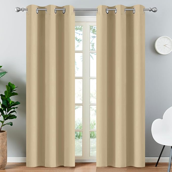 Yakamok Thermal Insulated Grommet Blackout Draperies/Drapes for Bedroom Window,Room Darkening Curtain Panels (2 Panels, W38 x L84 -Inch, Beige)