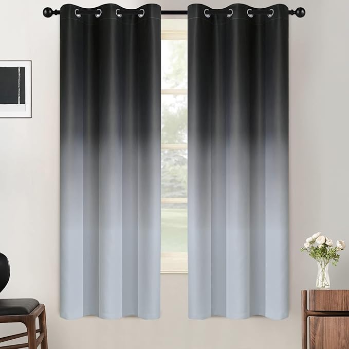 SimpleHome Ombre Room Darkening Curtains for Living Room, Light Blocking Gradient Black to Grey White Thick Thermal Insulated Grommet Window Curtains/Drapes for Bedroom, 2 Panels, 42x63 inches Length