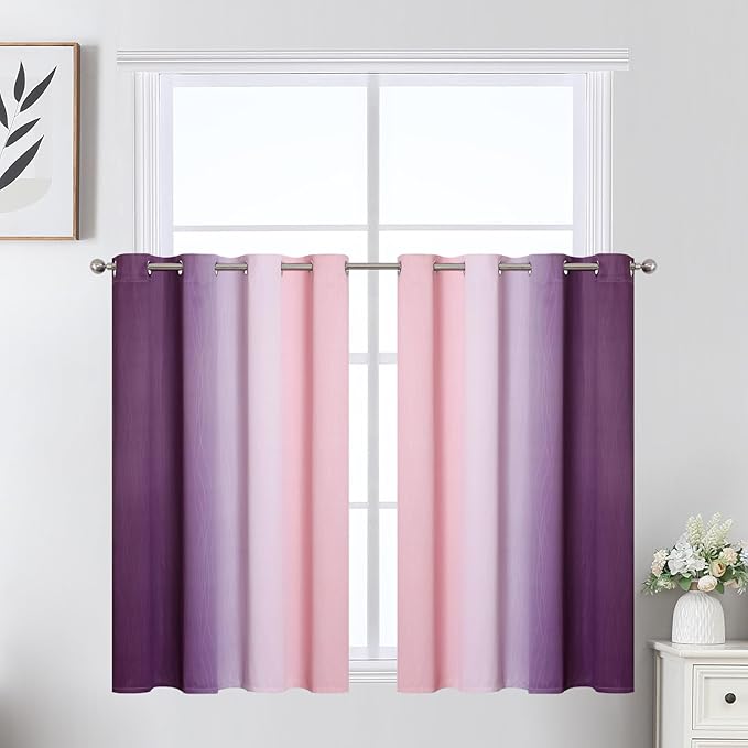 Estelar Textiler Pink and Purple Ombre Short Blackout Curtains 36 Inch Long, Thermal Insulated Grommet Small Half Window Drapes for Cafe/Basement/RV Camper/Kitchen, 52Wx36L, 2 Panels
