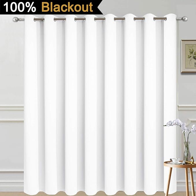 Yakamok Extra Wide Blackout Full Shading Curtains for Patio Door, Thermal Backing Sliding Glass Door Drape, Privacy Assured Window Treatment, Room Divider Curtains,Pure White, W100 x L84, 1 Panel
