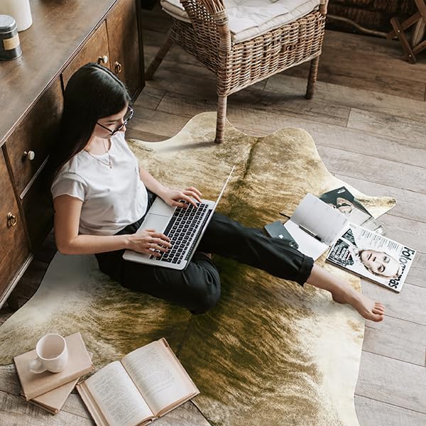 AROGAN Western Decor Faux Fur Cowhide Rug, 7 x 6.2 Feet Premium Animal Skin Cow Hide Rug, Durable Cow Print Rugs for Wall Decor, Western Floor Carpet for Bedroom Living Room, Brownish