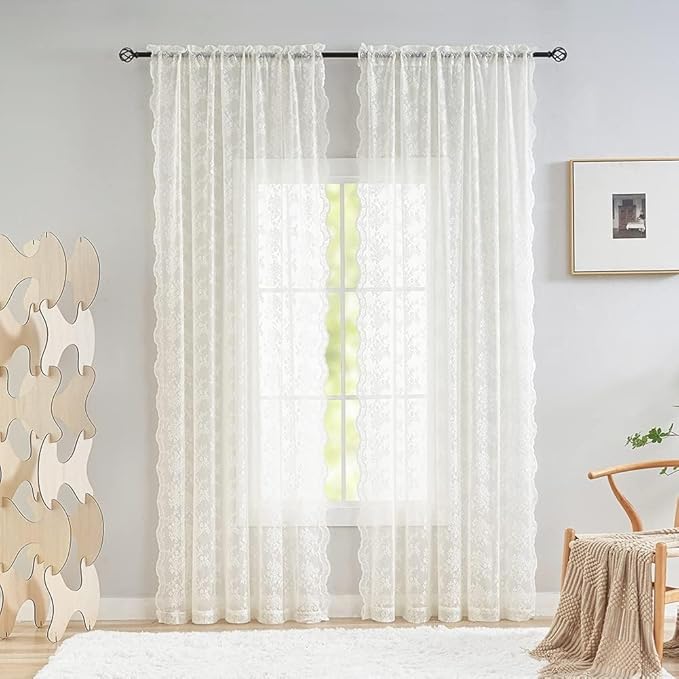 YJ YANJUN Vintage Lace Curtains 90 Inches Long for Dining Room Pair French Country Floral Sheer Curtains for Bedroom Playroom Ivory Cream Colored Boho Farmhouse Decoration 52 x 90 Off White