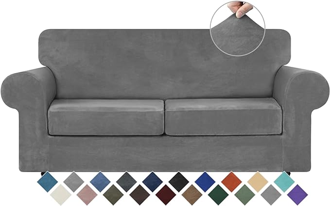 WEERRW Velvet Couch Covers for 2 Cushion Couch Sofa - High Stretch Luxury Velvet Plush 3 Pieces Sofa Slipcovers with Elastic Bottom, Furniture Protector for Pets, Machine Washable, Light Grey, Medium