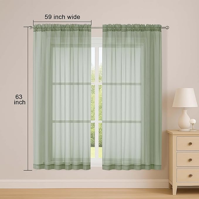 OWENIE Sheer Sage Green Curtains, Sheer Curtains 63 inch Length 2 Panels Set, Rod Pocket Voile Fimly Sheer Drapes for Living Room Bedroom, 2pcs, Sage Green, Each 59" W x 63" L