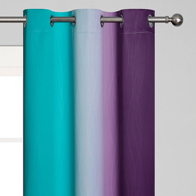 Estelar Textiler Teal and Purple Ombre Blackout Curtains 96 Inches Long 2 Panels for Living Room, Grommet Thermal Insulated Gradient Drapes, Full Light Blocking Curtains for Bedroom, 42x96 Inch