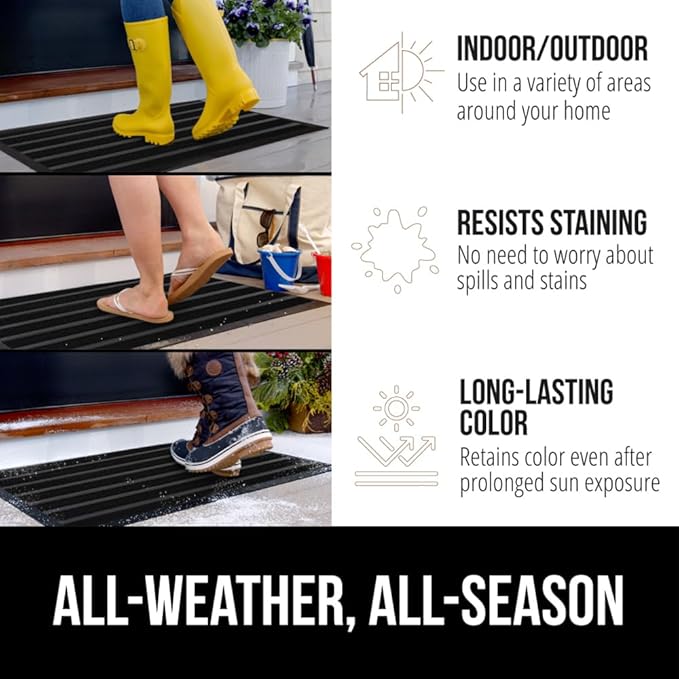 GORILLA GRIP 100% Waterproof All-Season WeatherMAX Doormat US Designed Natural Rubber, Stain and Fade Resistant, Low Profile Indoor Outdoor Door Mats, Easy Clean Patio Mat, 29x17, Black Stripe
