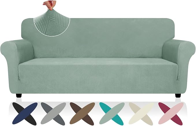 ZNSAYOTX Super Stretch Couch Cover (72"-92"), New Striped Sofa Covers Fitted Slipcovers with Elastic Bottom, Dog Cat Pets Proof Spandex Fabric Comfortable & Durable (Pea Green, Sofa)