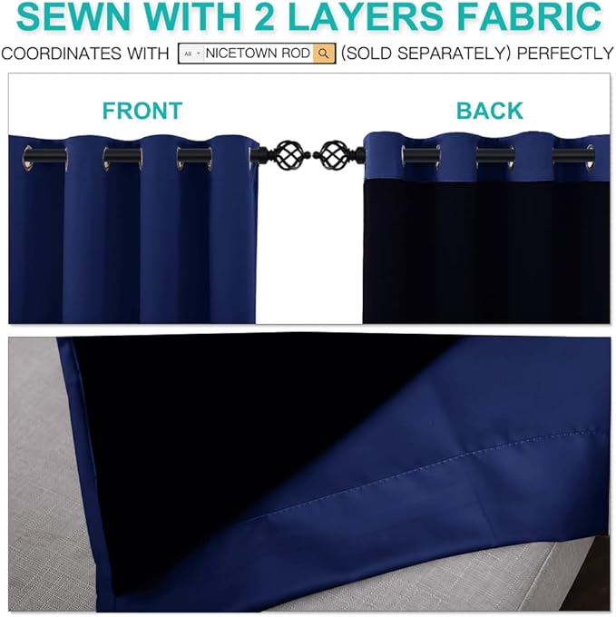 NICETOWN 100% Blackout Curtains with Black Liners, Thermal Insulated 2-Layer Lined Drapes, Energy Efficiency Small Window Draperies for Dining Room (Royal Blue, 2 Panels, 52 inches W by 45 inches L)