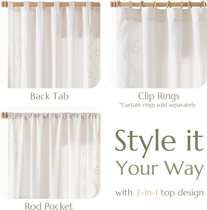 jinchan Belrose Linen Curtains for Bedroom Floral Curtains 84 Inch Length Linen Blend White Embroidered Drapes Farmhouse Flower Patterned Drapes for Living Room Window Treatments Set 2 Panels