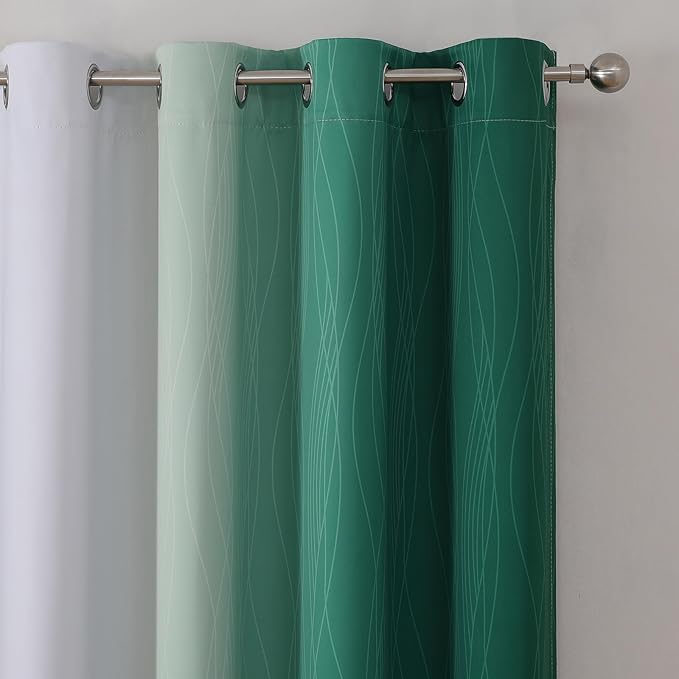 Estelar Textiler Green and Greyish White Ombre Blackout Curtains 90 Inch Length 2 Panels Set, Thermal Insulated Drapes for Bedroom,Full Room Darkening Grommet Gradient Curtains for Living Room,52Wx90L