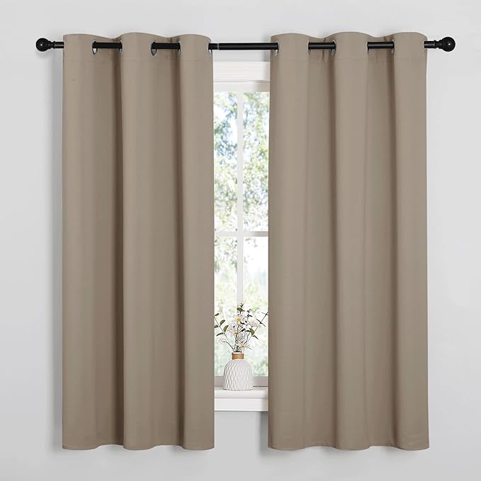 NICETOWN Sleek Blackout Curtains 63 inches Length for Small Windows, Noise Reducing and Block Draft Panels for Door Doorway Laundry Office Luxury Decor Theme (2 Panels, Taupe, W42 x L63 -Inch)