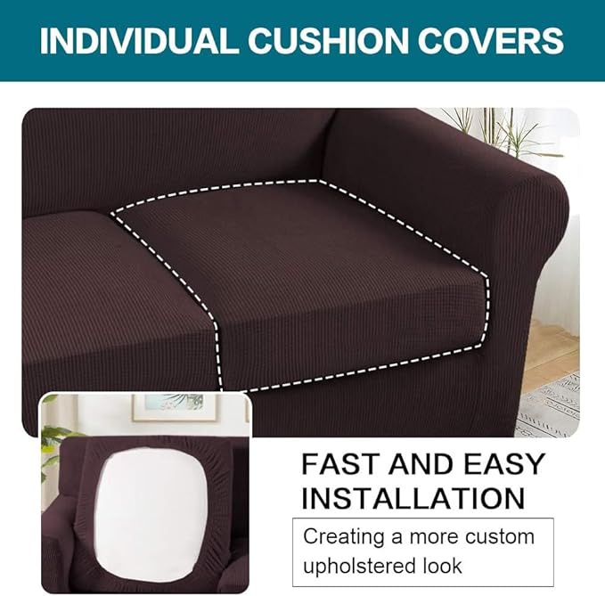 Turquoize 3 Piece Sofa Covers for 2 Cushion Couch Sofa Slipcover Soft Couch Cover for Dogs-Washable Sofa Furniture Covers with 2 Individual Cushion Covers, Thick Jacquard Fabric (Loveseat, Brown)