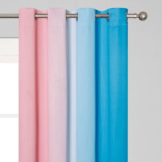 Ombre Pink and Blue Blackout Curtains 45 Inches Long, Full Light Blocking Curtains for Bedroom, Wavy Line Pattern Grommet Thermal Insulated Gradient Drapes for Living Room,52x45 Inch, 2 Panels