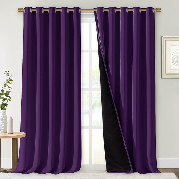 NICETOWN 100% Blackout Curtains with Black Liner Backing, Thermal Insulated Curtains for Living Room, Noise Reducing Drapes, Royal Purple, 70 inches Wide x 108 inches Long Per Panel, Set of 2