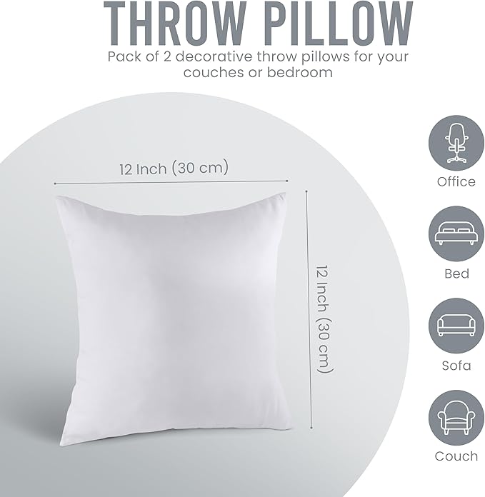 Utopia Bedding 12x12 Pillow Inserts, Set of 2, White – Indoor Decorative Throw Pillows for Bed, Sofa & Couch – Soft, Supportive & Fluffy Cushion Inserts