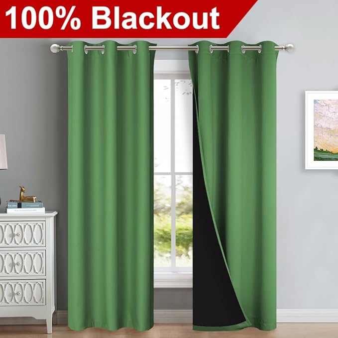 NICETOWN Forest Green Full Shade Curtain Panels, 37" Wide x 80" Long, Gray, Pair of Thermal Insulated & Energy Efficiency Blackout Drapes for Living Room, Lined Silky Performance Window Dressing