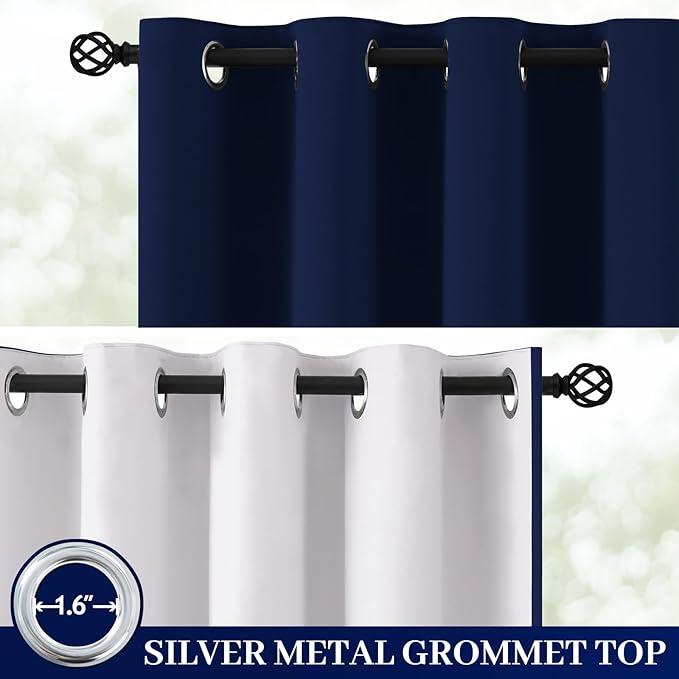 Yakamok 100% Blackout Curtain Panels 63 inches Cold and Light Blocking Drapes for Nursery, 2 Thick Layers Thermal Insulated Draperies (2 Pieces, 50 Wide Each Panel, Navy Blue/White Backing)