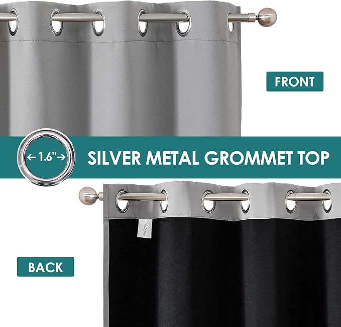 ChrisDowa 100% Blackout Curtains 63 inch Long for Bedroom with Black Liner, 2 Thick Layers Total Blackout Thermal Insulated Grommet Window Curtains 2 Panels Set (Light Grey, 38 x 63 Inch)