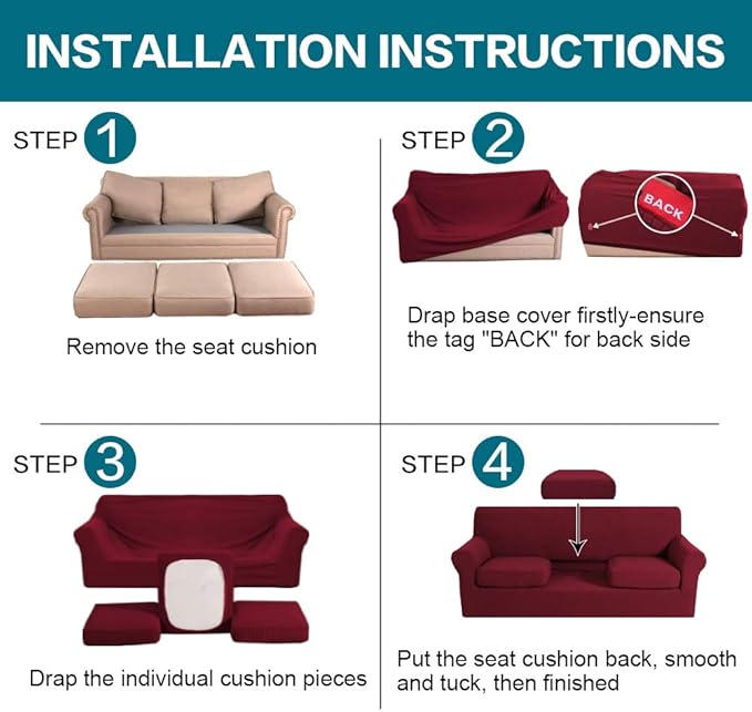 Turquoize 4 Piece Sofa Covers for 3 Cushion Couch Sofa Slipcover Soft Couch Cover for Dogs-Washable Sofa Furniture Covers with 3 Individual Cushion Covers,Jacquard Fabric(3 Cushion Sofa, Burgundy)