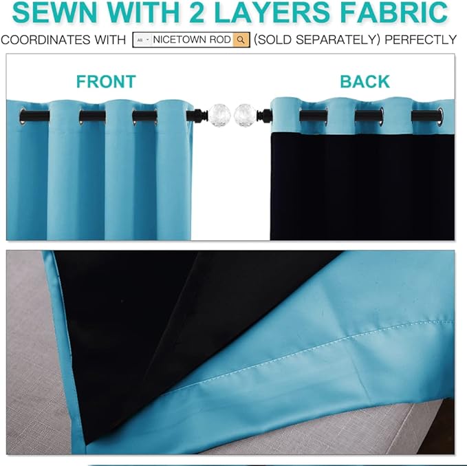 NICETOWN 100% Blackout Curtains 84 inches Long, Pair of Energy Smart & Noise Blocking Out Drapes for Baby Room, Thermal Insulated Guest Room Lined Window Dressing(Teal Blue, 42 inches Wide)