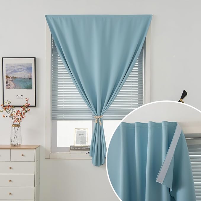 Self Adhesive Curtains, Black Out Shade for Window, Blackout Fabric Temporary Window Coverings Easy to Hang Curtains No Rod Needed, Use for Bedroom, Room, Kitchen, 59"W X 71"L, Lake Blue, 1 Panel
