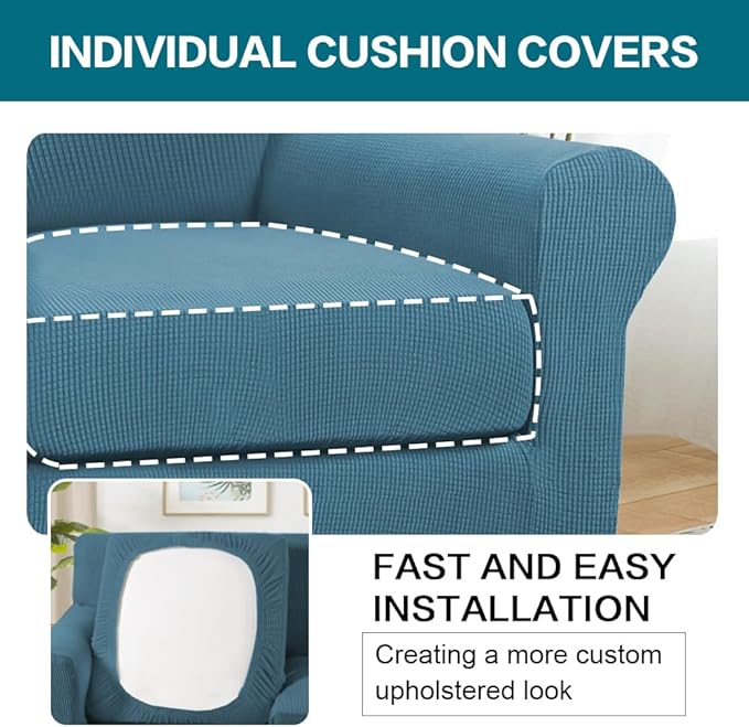 Turquoize 2 Piece Chair Covers Armchair Slipcovers for Living Room Armchair Sofa Cover with Individual Cushion Covers Feature Jacquard Fabric (Chair, Storm Blue)