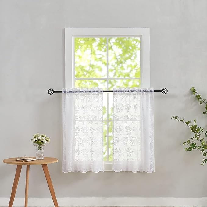 YJ YANJUN Vintage Lace Curtains 24 inch Length Victorian Floral Patterns Boho Cafe Half Curtains for Small Windows Basement Kitchen Bathroom 2 Panels 26" x 24" White