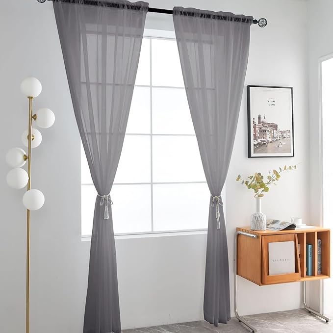 SpaceDresser Grey Sheer Curtains 4 Panels Rod Pocket Semi-Sheer Curtain 90 Inches Long Light Filtering Voile Window Drapes for Bedroom Living Room Kitchen, Each 52W x 90L