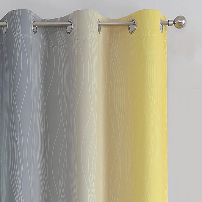 Ombre Gray and Yellow Blackout Curtains 63 Inch Length 2 panels, Full Room Darkening Curtains for Kids Room, Grommet Thermal Insulated Gradient Drapes, Light Blocking Curtains for Bedroom, 42x63 Inch