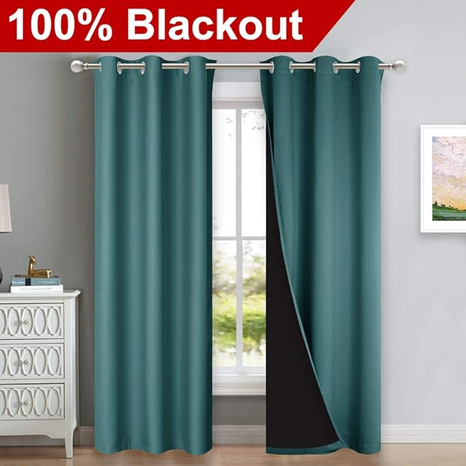NICETOWN Blackout Curtains 80 inches Long, 2 Pieces, 42" Wide Each Panel, Sea Teal, Full Light Blocking Drapes with Black Liner for Nursery, Thermal Insulated Draperies for Hall, Villa