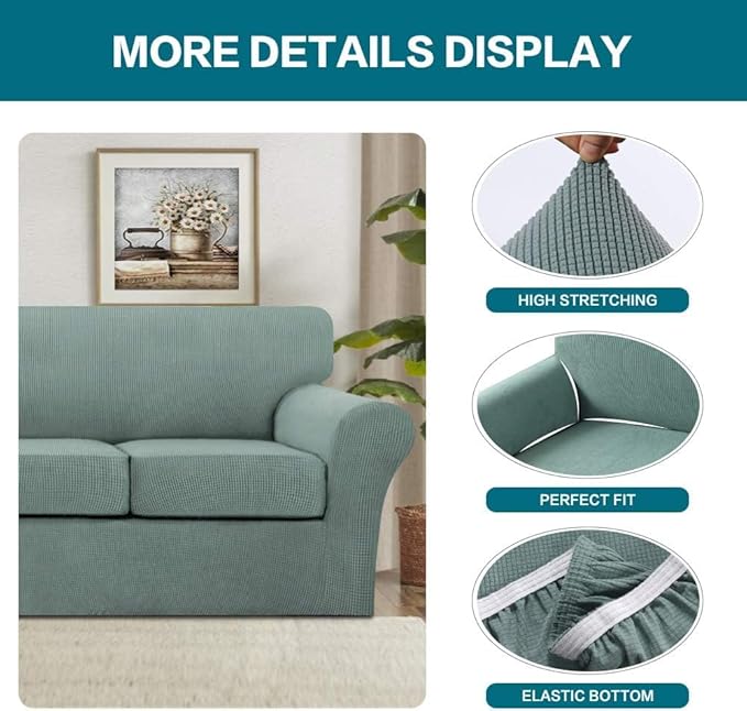 Turquoize 4 Piece Sofa Covers for 3 Cushion Couch Sofa Slipcover Soft Couch Cover for Dogs Washable Furniture Cover with 3 Individual Large Cushion Covers Feature Fabric (Large Sofa, Dark Cyan)