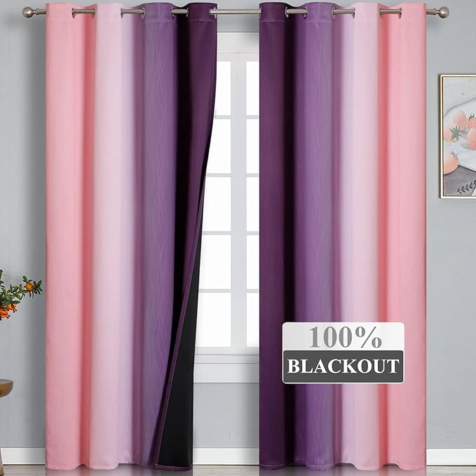 Estelar Textiler Pink and Purple Blackout Curtains for Bedroom, Thermal Insulated Drapes 108 Inches Long, Full Light Blocking Energy Saving Long Curtains for Living Room, 52Wx108L, 2 Panels