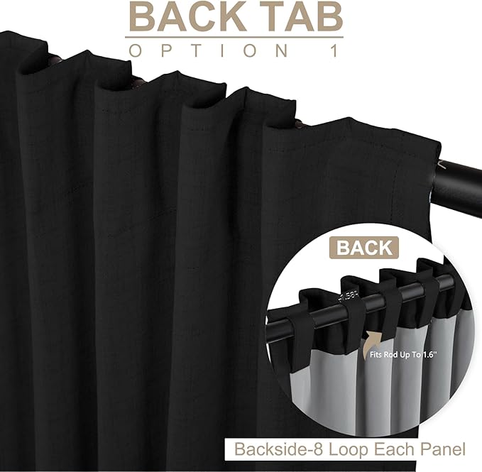 100% Blackout Shield Linen Blackout Curtains for Bedroom 84 Inches Long, Back Tab/Rod Pocket Living Room Drapes, Thermal Insulated Blackout Curtains 2 Panels Set, 50" W x 84" L, Black