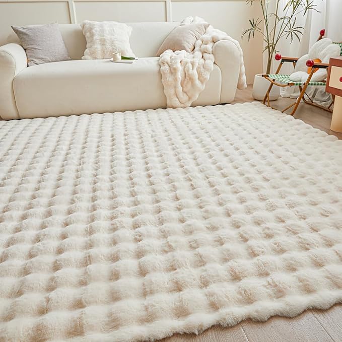 Creamy White Rabbit Plush Rug 6'x9', Fluffy Faux Fur Shaggy Area Rug for Nursery, Kids Room Decor, Soft Fuzzy Carpet for Living Room, Bedroom, Teen Girls Room