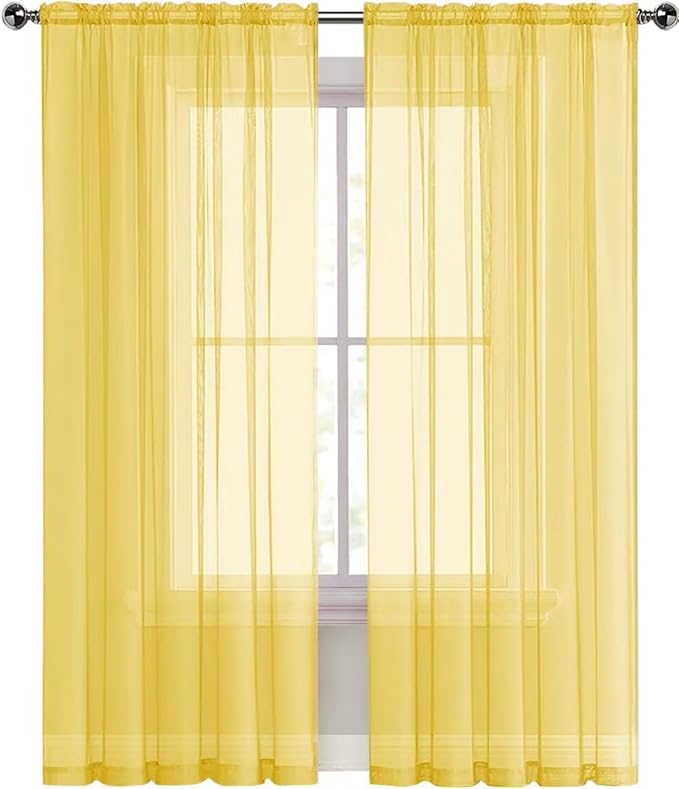 SpaceDresser Sheer Voile Window Treatment Rod Pocket Curtain Panels for Kitchen Bedroom Living Room Drapes Sunlight Filtering Privacy Semi Home Decor Assorted Colors Sizes (Yellow, 52 W x 84 L)