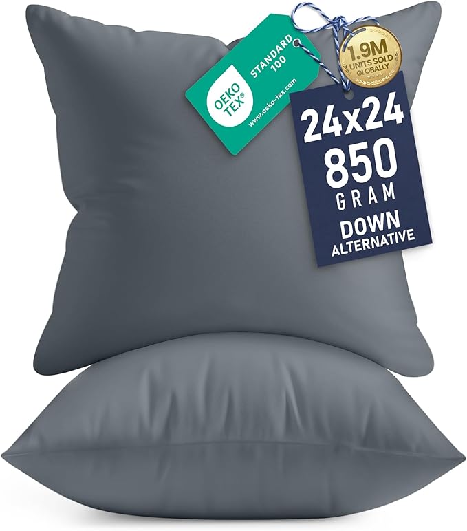 Utopia Bedding 24x24 Pillow Inserts, Set of 2, Grey – Indoor Decorative Throw Pillows for Bed, Sofa & Couch – Soft, Supportive & Fluffy Cushion Inserts