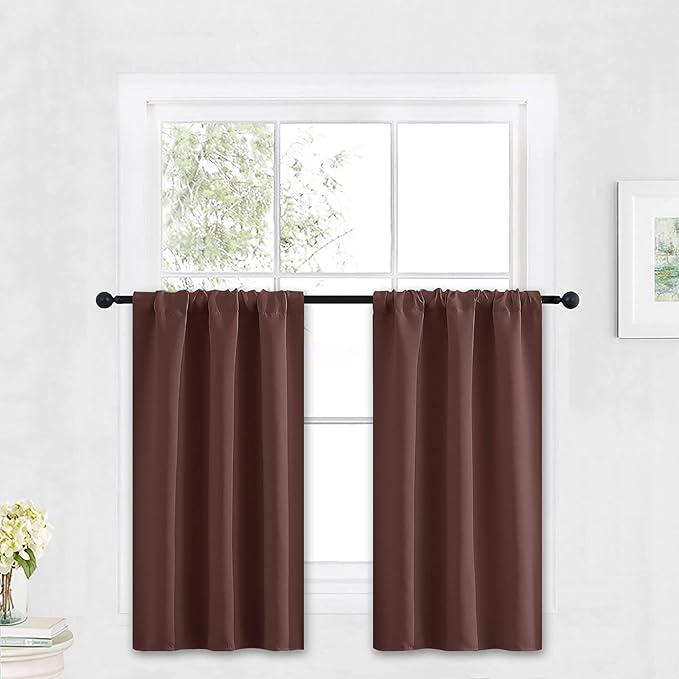 RYB HOME Kitchen Blackout Curtains Over Sink 36 inch Length, Rod Pocket Summer Light UV Blocking Energy Efficient, Cabinet Shelf Cupboard Coverings, Width 29 by Length 36, Chocolate Brown, 2 Panels