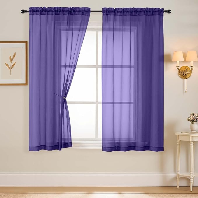 Purple Sheer Curtains 63 Inch Length 2 Panels, Voile Sheer Curtain for Living Room, Breathable Light Filtering Modern Window Treatments, Soft Fabric Dual Rod Pocket Drapes, 2x42Wx63L Inches