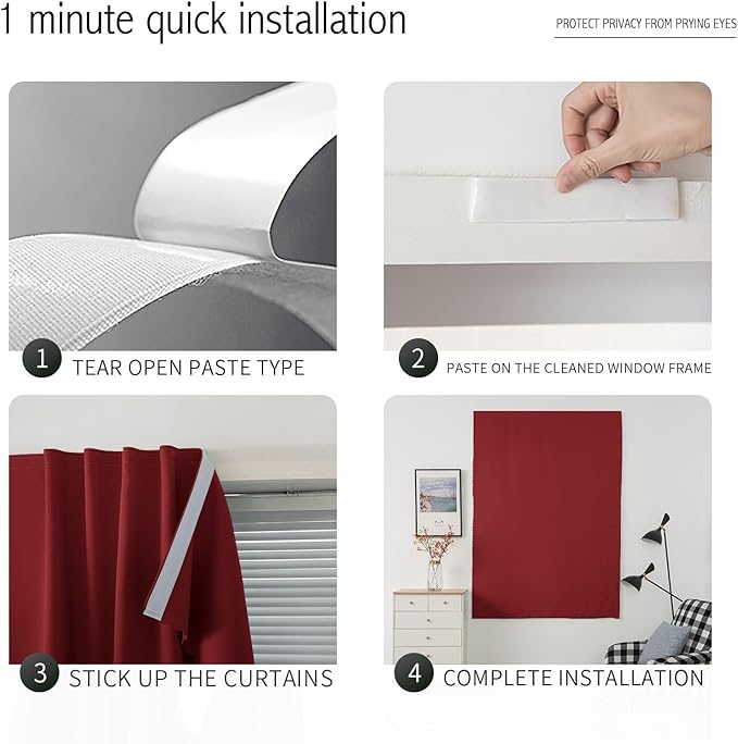 Self Adhesive Curtains, Stick Curtain Blackout Shades Window Cover Curtains for Living Room No Drilling, 59" W X 84" L, Burgundy, 1 Panel