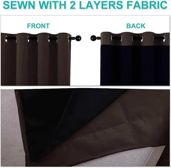 NICETOWN 100% Blackout Short Curtains with Black Liners, 2 Panels, 37" W by 50" L, Toffee Brown, Solid Thermal Insulated Full Blackout 2-Layer Lined Drapes, Energy Efficiency Window Drapes for Bedroom
