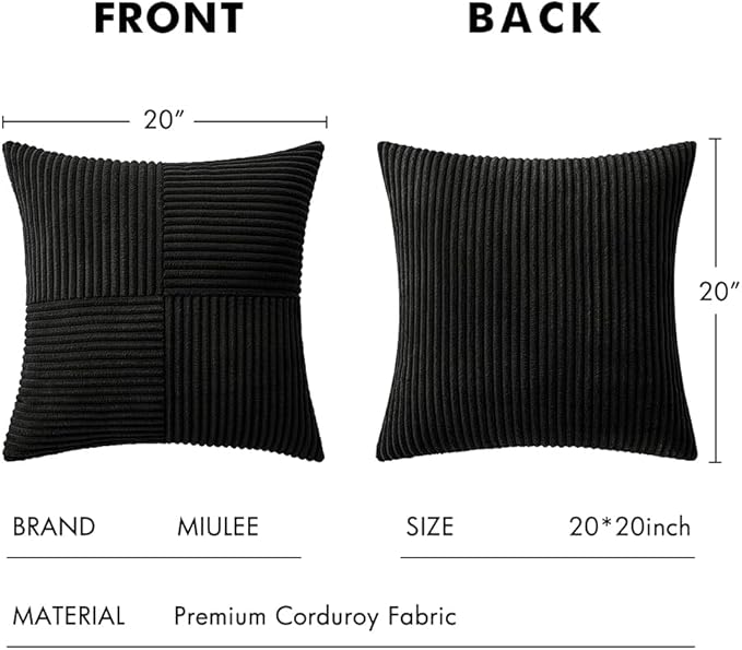 MIULEE Black Decorative Throw Pillow Covers 20x20 Inch for Couch Bed Sofa Pack of 2 Boho Farmhouse Throw Pillows Soft Cross Corduroy Patchwork Textured Cushion Cases