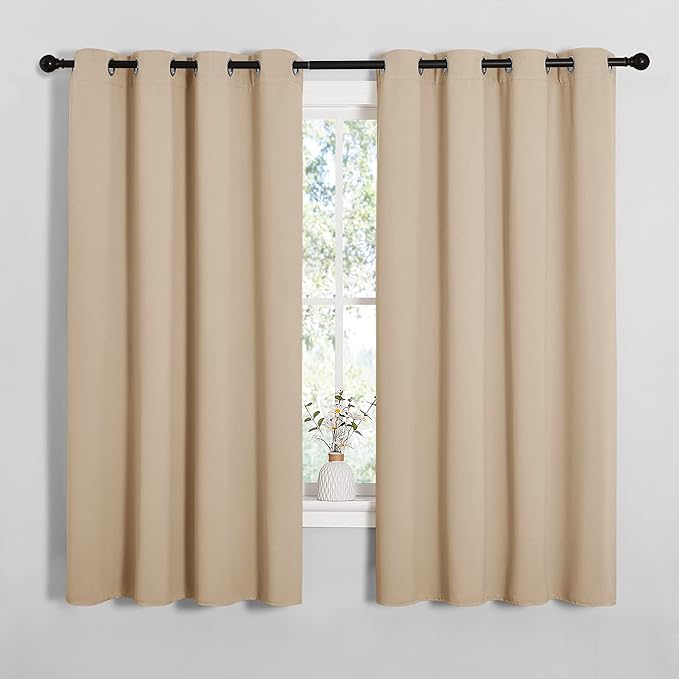 NICETOWN Blackout Curtain Panels for Bedroom, Biscotti Beige, 2 Panels, W55 x L57-inch, Grey, Thermal Insulated Grommet Top Blackout Draperies and Drapes for Basement