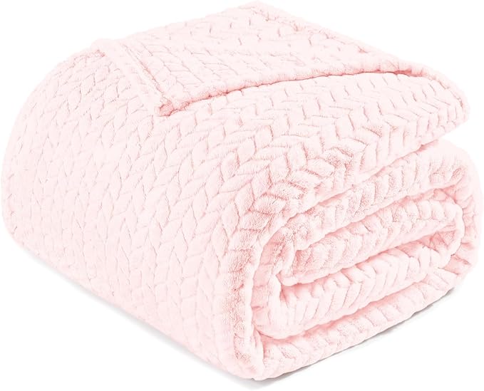 Exclusivo Mezcla Fleece Twin Size Blanket for Bed, 90x66 Inches Soft Cozy Jacquard Flannel Blankets, Lightweight Fuzzy Plush Warm for Women, Light Pink