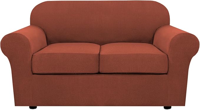 H.VERSAILTEX 3 Piece Stretch Sofa Covers for 2 Cushion Loveseat Couch Covers for Living Room Sofa Slipcovers (Base Cover Plus 2 Seat Cushion Covers) Thicker Jacquard Fabric(Medium Sofa, Rust)