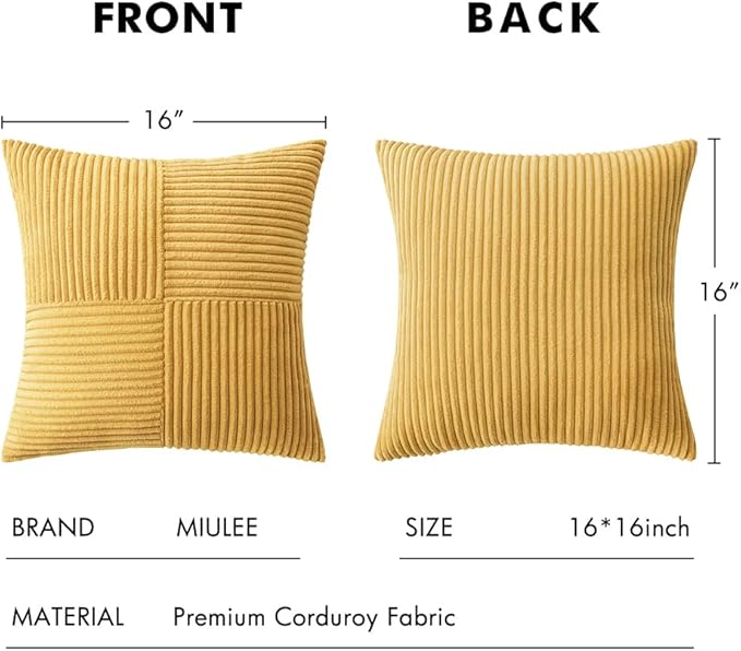 MIULEE Golden Mustard Decorative Throw Pillow Covers 16x16 Inch for Couch Bed Sofa Pack of 2 Boho Farmhouse Throw Pillows Soft Cross Corduroy Patchwork Textured Cushion Cases