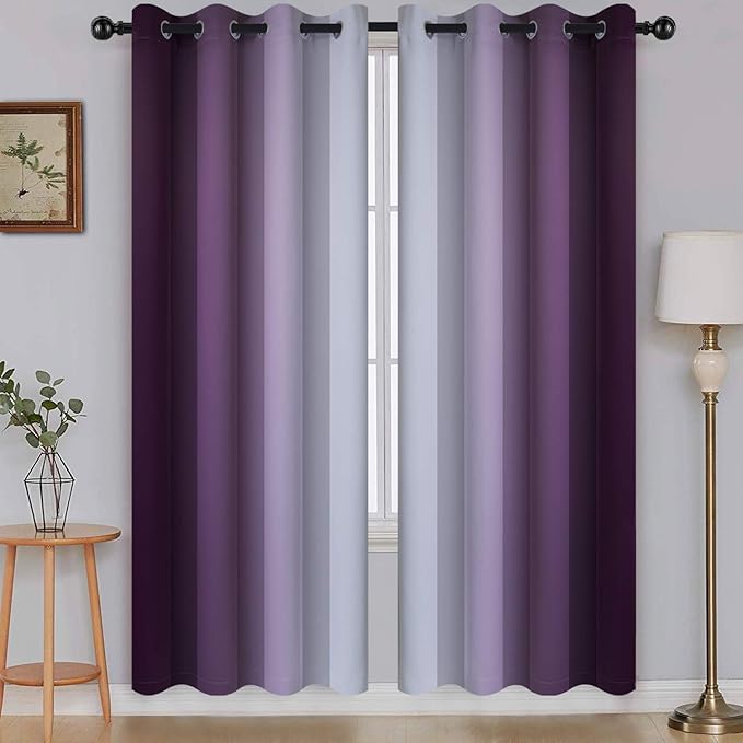 SimpleHome Ombre Room Darkening Curtains for Living Room, Light Blocking Gradient Purple to Gray White Thick Thermal Insulated Grommet Window Curtains/Drapes for Bedroom, 2 Panels, 52x72 inches Length