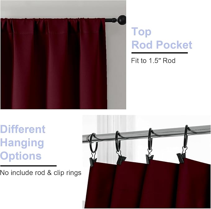 Simplebrand Ava Burgundy Blackout Curtains for Bedroom 90 Inches Long 2 Panels Set, Solid Privacy Energy Saving Living Room Window Treatment Curtains Blackout Drapes, W50 x L90 Inch, Burgundy